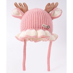 Babyhug Woollen Cap with Knot & Reindeer Ear Applique Red - Diameter 14 cm