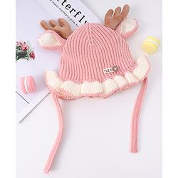 Babyhug Woollen Cap with Knot & Reindeer Ear Applique Red - Diameter 14 cm