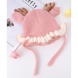 Babyhug Woollen Cap with Knot & Reindeer Ear Applique Red - Diameter 14 cm