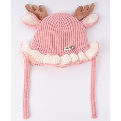 Babyhug Woollen Cap with Knot & Reindeer Ear Applique Red - Diameter 14 cm