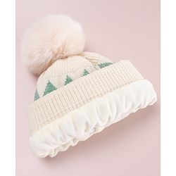 Babyhug Designed Woollen Cap Glove & Muffler Sets with Pom Pom Offwhite - Diameter 11 cm