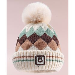 Babyhug Designed Woollen Cap Glove & Muffler Sets with Pom Pom Offwhite - Diameter 11 cm