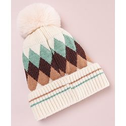 Babyhug Designed Woollen Cap Glove & Muffler Sets with Pom Pom Offwhite - Diameter 11 cm