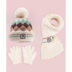 Babyhug Designed Woollen Cap Glove & Muffler Sets with Pom Pom Offwhite - Diameter 11 cm