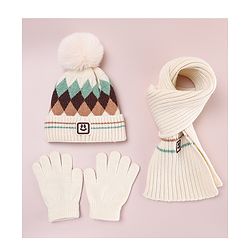 Babyhug Designed Woollen Cap Glove & Muffler Sets with Pom Pom Offwhite - Diameter 11 cm