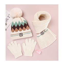 Babyhug Designed Woollen Cap Glove & Muffler Sets with Pom Pom Offwhite - Diameter 11 cm