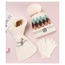 Babyhug Designed Woollen Cap Glove & Muffler Sets with Pom Pom Offwhite - Diameter 11 cm