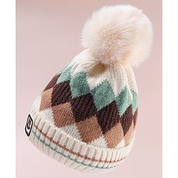 Babyhug Designed Woollen Cap Glove & Muffler Sets with Pom Pom Offwhite - Diameter 11 cm