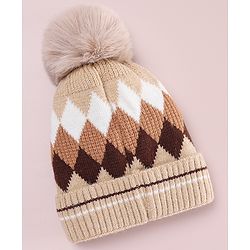 Babyhug Designed Woollen Cap Glove & Muffler Sets with Pom Pom Offwhite - Diameter 11 cm