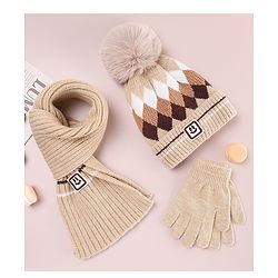 Babyhug Designed Woollen Cap Glove & Muffler Sets with Pom Pom Offwhite - Diameter 11 cm