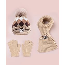 Babyhug Designed Woollen Cap Glove & Muffler Sets with Pom Pom Offwhite - Diameter 11 cm
