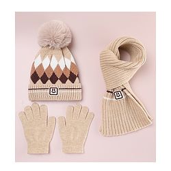 Babyhug Designed Woollen Cap Glove & Muffler Sets with Pom Pom Offwhite - Diameter 11 cm