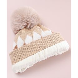 Babyhug Designed Woollen Cap Glove & Muffler Sets with Pom Pom Offwhite - Diameter 11 cm