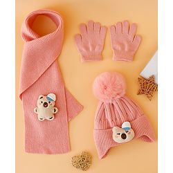 Babyhug Woollen Cap Mitten & Muffler Set with Teddy Embroidery & Applique Pink - Diameter 14 cm