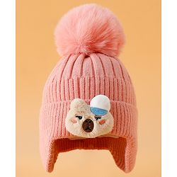 Babyhug Woollen Cap Mitten & Muffler Set with Teddy Embroidery & Applique Pink - Diameter 14 cm