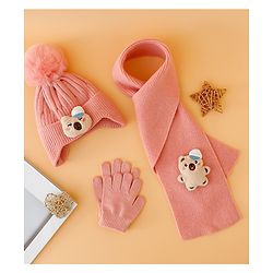 Babyhug Woollen Cap Mitten & Muffler Set with Teddy Embroidery & Applique Pink - Diameter 14 cm