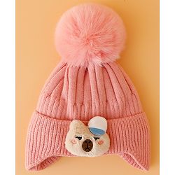 Babyhug Woollen Cap Mitten & Muffler Set with Teddy Embroidery & Applique Pink - Diameter 14 cm