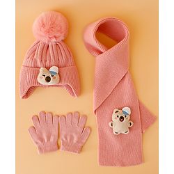 Babyhug Woollen Cap Mitten & Muffler Set with Teddy Embroidery & Applique Pink - Diameter 14 cm