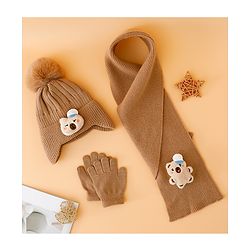 Babyhug Woollen Cap Mitten & Muffler Set with Teddy Embroidery & Applique Pink - Diameter 14 cm
