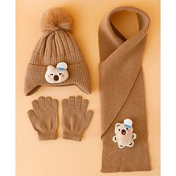 Babyhug Woollen Cap Mitten & Muffler Set with Teddy Embroidery & Applique Pink - Diameter 14 cm