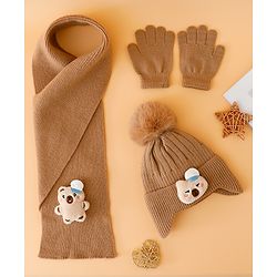 Babyhug Woollen Cap Mitten & Muffler Set with Teddy Embroidery & Applique Pink - Diameter 14 cm