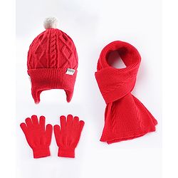 Babyhug Woollen Cap Scarf & Gloves Set with Cable Knit Design Red - Diameter 10 cm