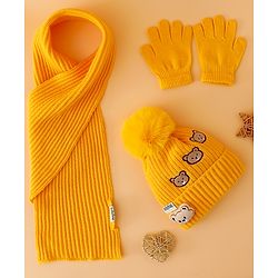 Babyhug Woollen Cap Mitten & Muffler Set with Teddy Embroidery & Applique Yellow - Diameter 12 cm