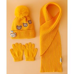 Babyhug Woollen Cap Mitten & Muffler Set with Teddy Embroidery & Applique Yellow - Diameter 12 cm
