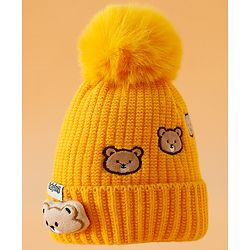 Babyhug Woollen Cap Mitten & Muffler Set with Teddy Embroidery & Applique Yellow - Diameter 12 cm