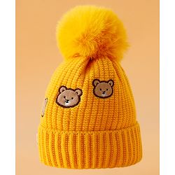 Babyhug Woollen Cap Mitten & Muffler Set with Teddy Embroidery & Applique Yellow - Diameter 12 cm