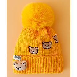 Babyhug Woollen Cap Mitten & Muffler Set with Teddy Embroidery & Applique Yellow - Diameter 12 cm