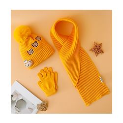 Babyhug Woollen Cap Mitten & Muffler Set with Teddy Embroidery & Applique Yellow - Diameter 12 cm