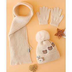 Babyhug Woollen Cap Mitten & Muffler Set with Teddy Embroidery & Applique Yellow - Diameter 12 cm