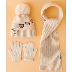 Babyhug Woollen Cap Mitten & Muffler Set with Teddy Embroidery & Applique Yellow - Diameter 12 cm