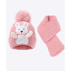 Babyhug Pom Pom Woollen Cap with Muffler & Bunny Applique Pink - Diameter 13.5 cm