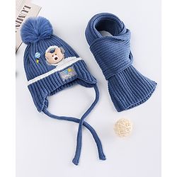 Babyhug Wollen Cap & Muffler Set With Space Theme Design & Bear Applique Blue - Diameter 13 cm