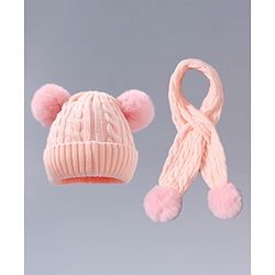 Babyhug Pom Pom Woollen Cap with Muffler & Cable Knit Design Pink - Diameter 12 cm