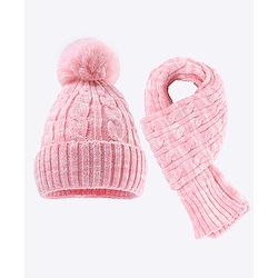 Babyhug Pom Pom Woollen Cap with Muffler & Cable Knit Design Pink - Diameter 10.5 cm