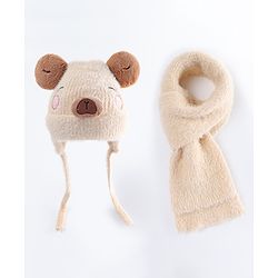 Babyhug Woollen Cap with Muffler & Ear Applique Beige - Diameter 12.5 cm