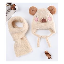Babyhug Woollen Cap with Muffler & Ear Applique Beige - Diameter 12.5 cm