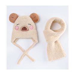 Babyhug Woollen Cap with Muffler & Ear Applique Beige - Diameter 12.5 cm