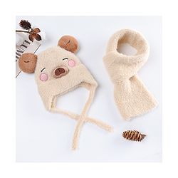 Babyhug Woollen Cap with Muffler & Ear Applique Beige - Diameter 12.5 cm