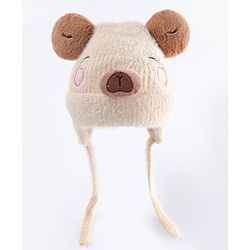 Babyhug Woollen Cap with Muffler & Ear Applique Beige - Diameter 12.5 cm