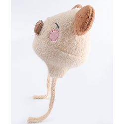Babyhug Woollen Cap with Muffler & Ear Applique Beige - Diameter 12.5 cm