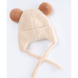 Babyhug Woollen Cap with Muffler & Ear Applique Beige - Diameter 12.5 cm