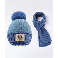 Babyhug Pom Pom Woollen Cap with Muffler & Bear Applique Blue - Diameter 12.5 m