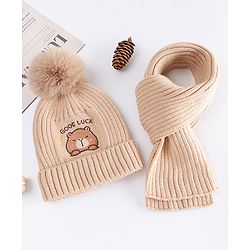 Babyhug Pom Pom Woollen Cap with Muffler & Bear Embroidery Light Brown - Diameter 12.5 cm
