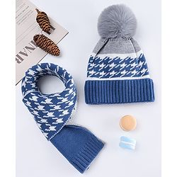 Babyhug Pom Pom Woollen Cap with Muffler & Design Navy Blue - Diameter 11.5 cm