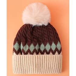 Babyhug Woollen Cap with Cable Knit Design & Pom Pom Brown - Diameter 13 cm