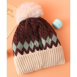 Babyhug Woollen Cap with Cable Knit Design & Pom Pom Brown - Diameter 13 cm